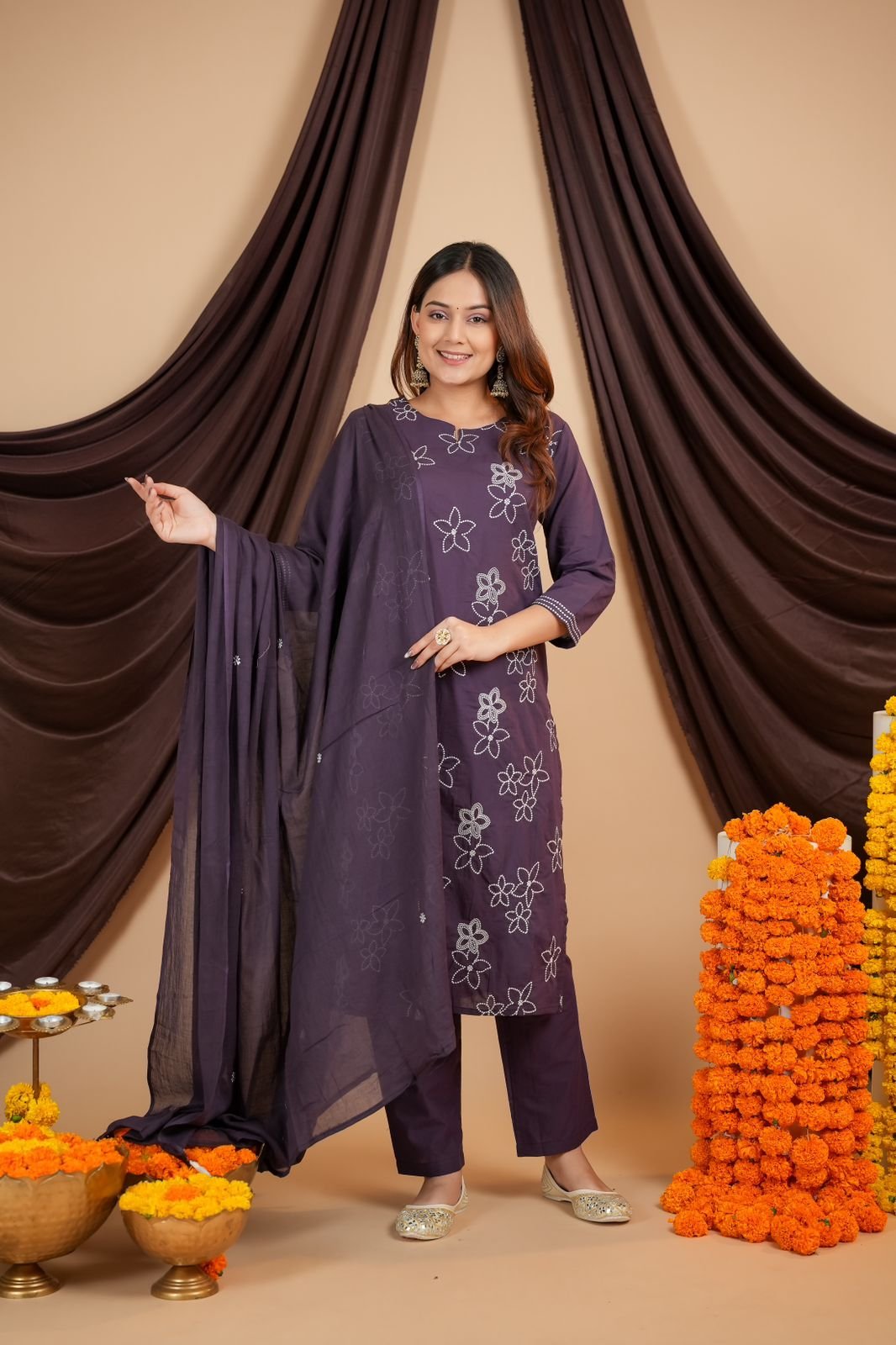 Purple Cotton Embroidered Khadi Suit Set